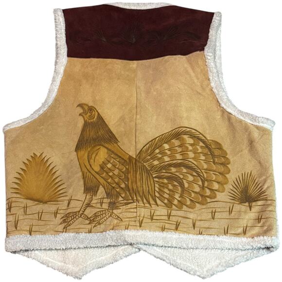 Vintage Pyrographed leather Suede Rooster Western Sherpa lined Vest size XL - Picture 2 of 16